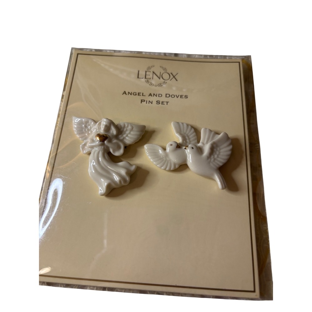 Lenox Angel and Doves Pin Set Ivory China 24K Gold Hand Decorated Brooch New